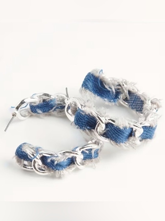 Jewelry - Silver Chain Hoop Earrings with Blue Denim Weave - 1.77in